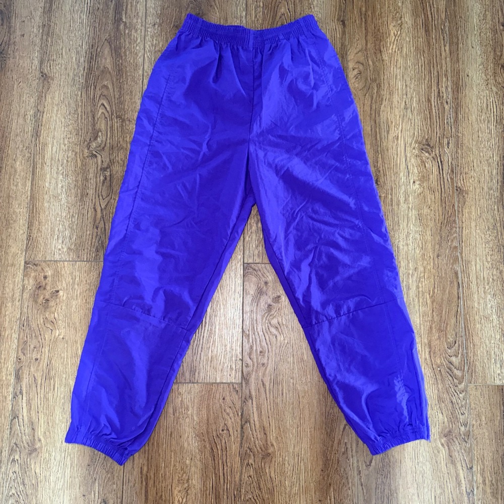 90s On Your Mark Purple Nylon Track Pants Womens S Joggers Ankle Zip VTG retro